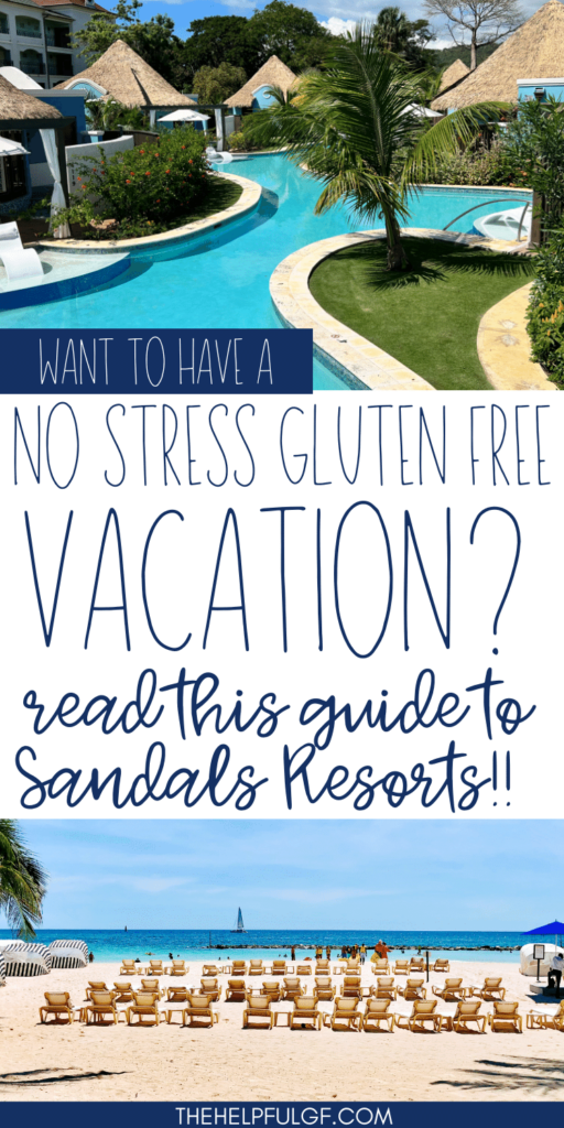 lazy river and beach front at sandals resorts with pin text guide to sandals resorts