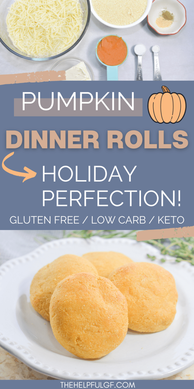 pin image of ingredients plus baked rolls with text pumpkin dinner rolls holiday perfection