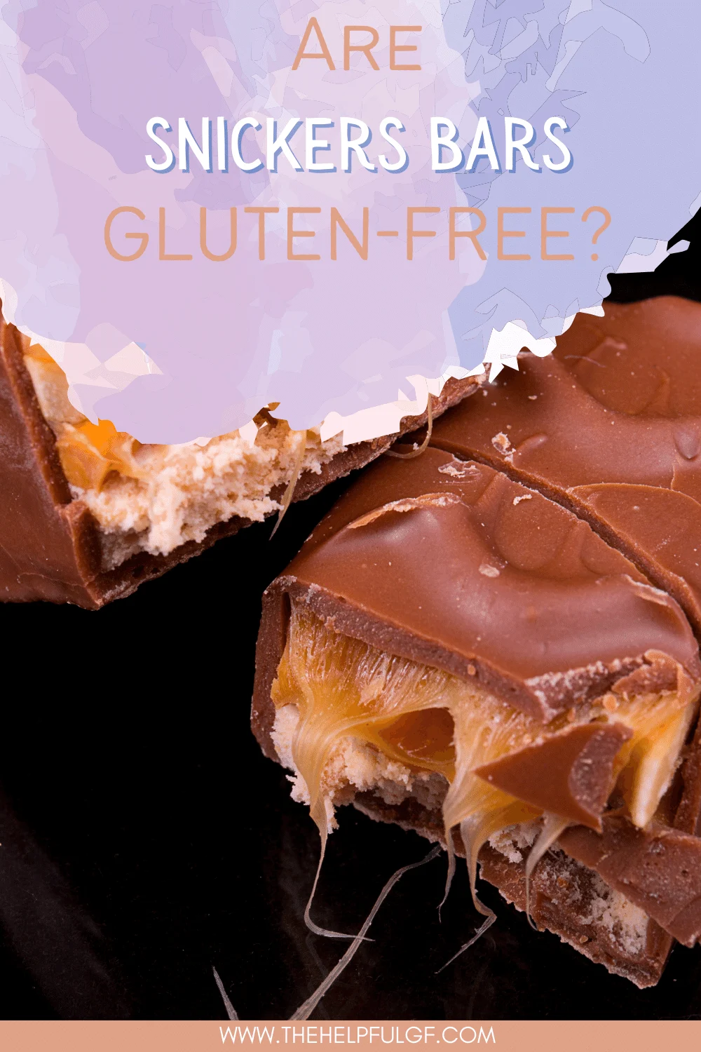 Pin Image with half a snickers bar with the text "are snickers bars gluten-free?"
