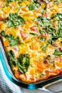 bacon and vegetable egg casserole in casserole dish