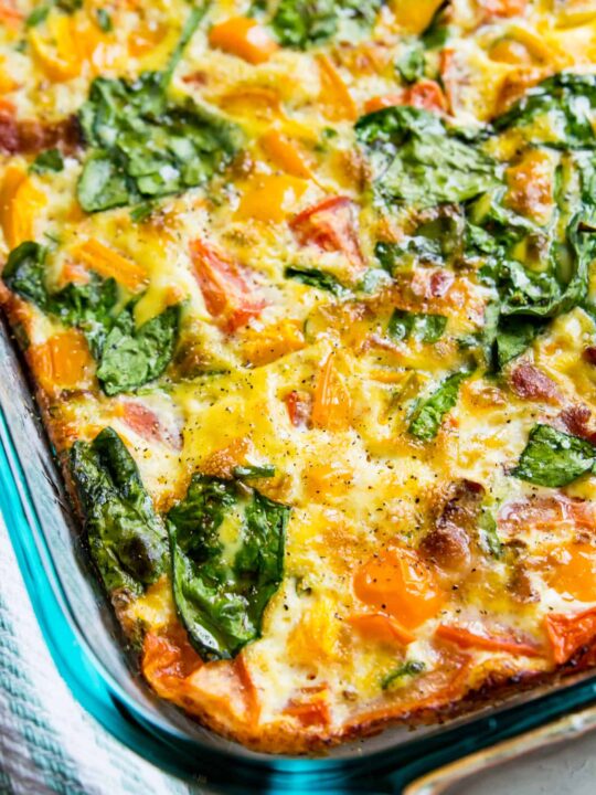 bacon and vegetable egg casserole in casserole dish