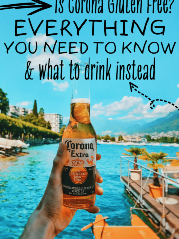Hand holding a corona beer in front of tropical ocean background and text overlay that says Is Corona gluten free? Everything you need to know & what to drink instead