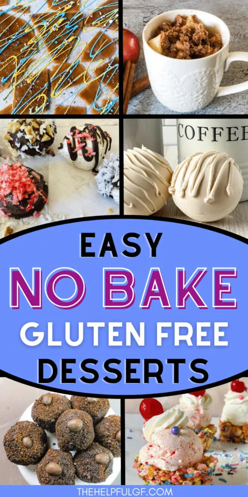 Collage of easy no bake gluten free dessert ideas including banana pancakes, white chocolate mocha, coconut truffles, homemade toffee and more