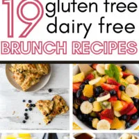 pin image with collage of gluten free dairy free brunch recipes of granola, scones, biscotti, fruit salad, pancakes, and mimosas