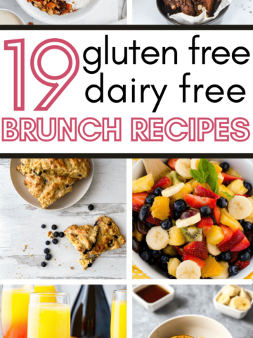 pin image with collage of gluten free dairy free brunch recipes of granola, scones, biscotti, fruit salad, pancakes, and mimosas
