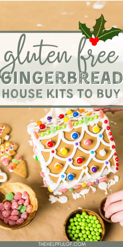 pin image of child decorating a gluten free holiday gingerbread house kit topped with gluten free candy