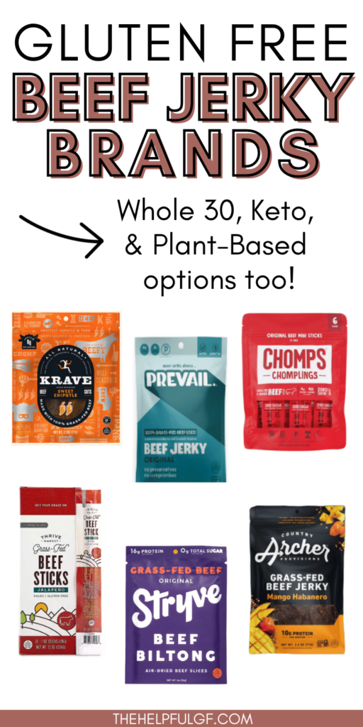pin image with pictures of gluten-free beef jerky packages like krave, prevail, chomps, thrive market, stryve, and archer