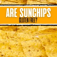A small pile of original sun chips on a white surface with the text overlay Are Sunchips gluten free?
