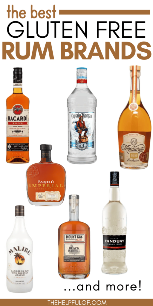 Collage of rum bottles from many gluten free brands with pin text