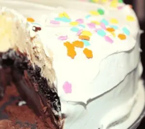 chocolate and vanilla gluten free ice cream cake with sprinkles