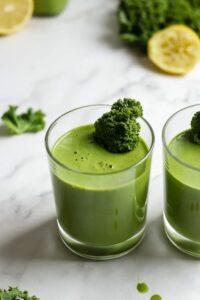 kale banana smoothie in glass topped with curly kale leaf