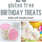 pin image with an assortment of gluten free birthday treats including donuts, cake, ice cream, and cookies