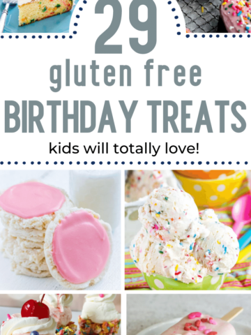 pin image with an assortment of gluten free birthday treats including donuts, cake, ice cream, and cookies