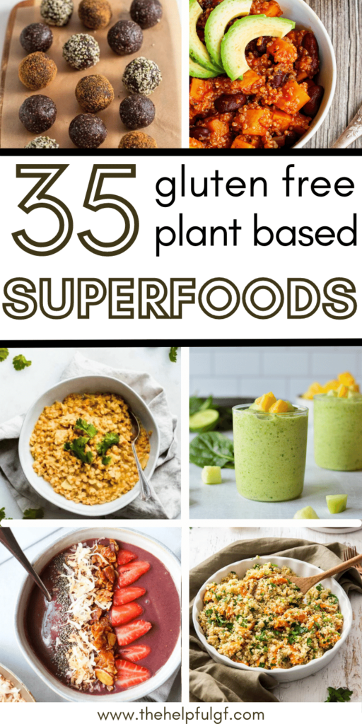 pin image with images of quinoa salads, snack balls, smoothies, soups and other plant based superfoods recipes
