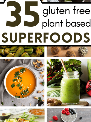 pin image with images of quinoa salads, smoothies, soups and other plant based superfoods recipes
