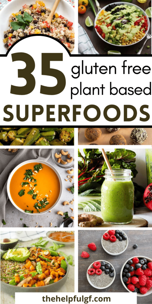pin image with images of quinoa salads, smoothies, soups and other plant based superfoods recipes