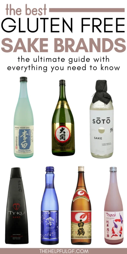 7 bottles of various gluten free sake brands on a white background with pin text