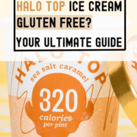 A pint of Halo Top sea salt caramel ice cream sitting on a yellow checkered table cloth with a text overlay that says 
