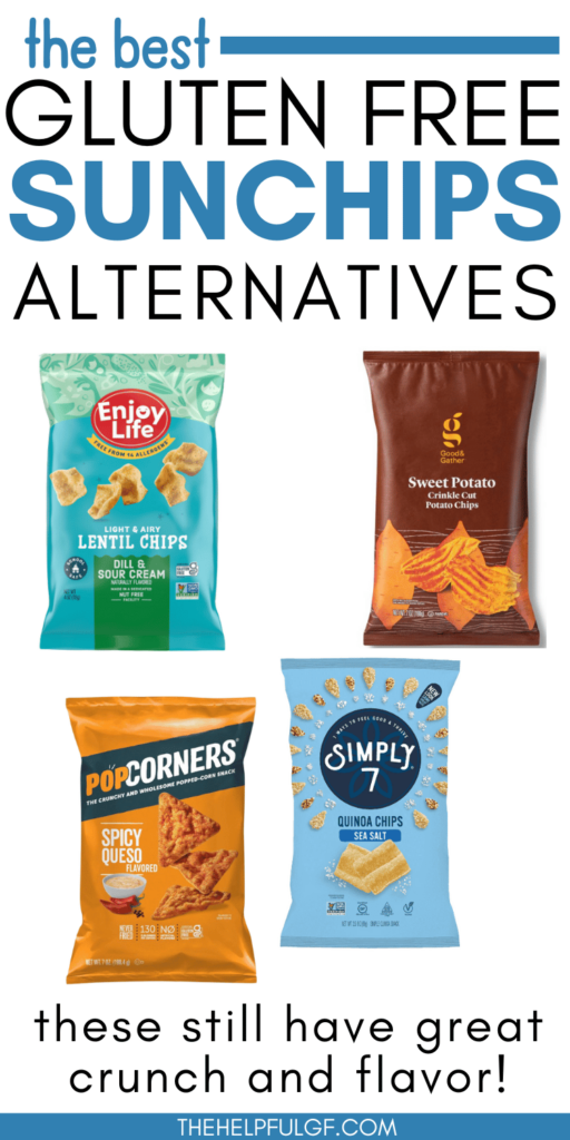 pin image of the best gluten free sunchips alternatives that still have great crunch and flavor with enjoy life, good and gather, pop corners, and simply 7 chips