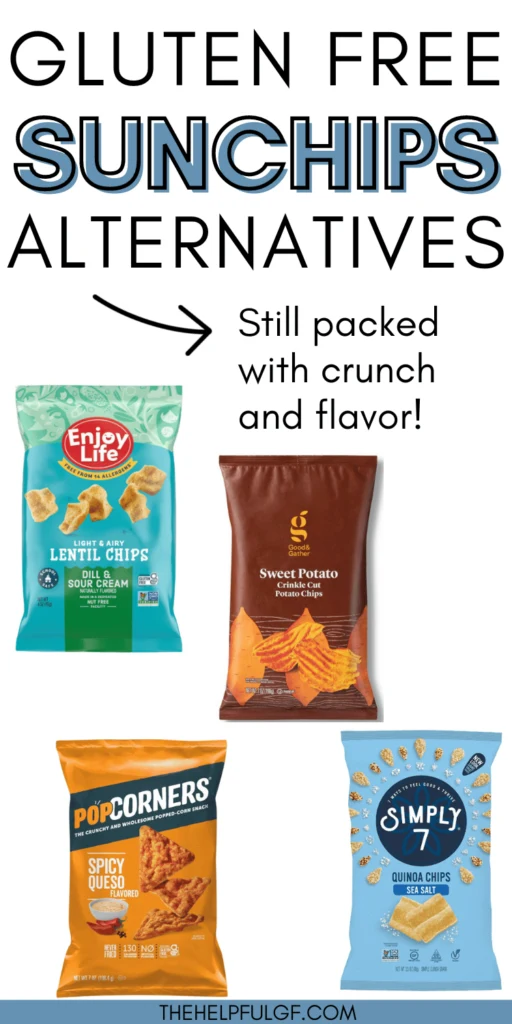 pin image of the best gluten free sunchips alternatives with enjoy life, good and gather, pop corners, and simply 7 chips