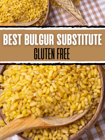 Sitting on top of a plaid tablecloth is a wooden bowl filled with bulgur with the text overlay 'Best Bulgur Substitute Gluten Free'