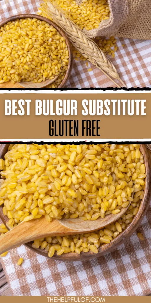 Sitting on top of a plaid tablecloth is a wooden bowl filled with bulgur with the text overlay 'Best Bulgur Substitute that is Gluten Free'