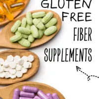 Four wooden spoons containing different supplements with black arrows pointing to the text 'The Best Gluten Free Fiber Supplements'