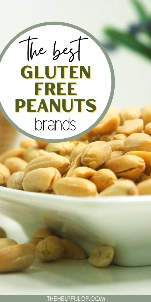A white bowl filled with salted peanuts sitting on a counter with the text overlay 'The Best Gluten Free Peanuts brands'