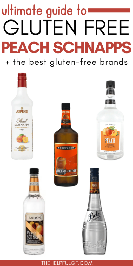 5 bottles of gluten free peach schnapps brands with pin text ultimate guide to gluten free peach schnapps