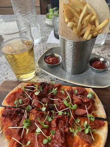 gluten free flatbread and fries and a drink from HC Tavern in Fishers