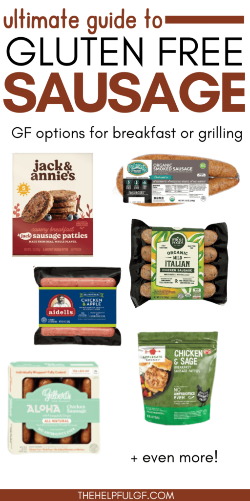 pin image with packages of gluten free sausage brands with pin text ultimate guide to gluten free sausage with gf options for breakfast or grilling