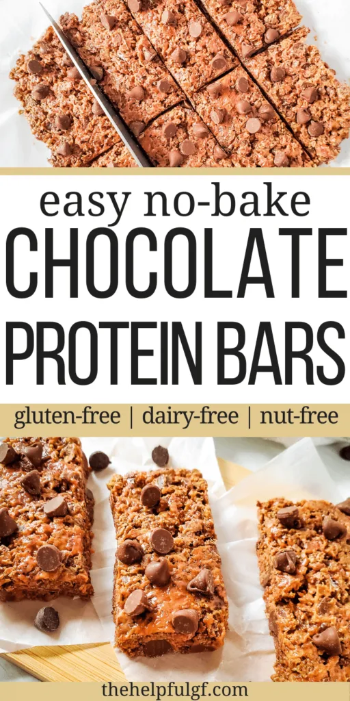 pin image for easy no-bake chocolate protein bars that are gluten free dairy free and nut free with images of bars being cut and laid out on parchment