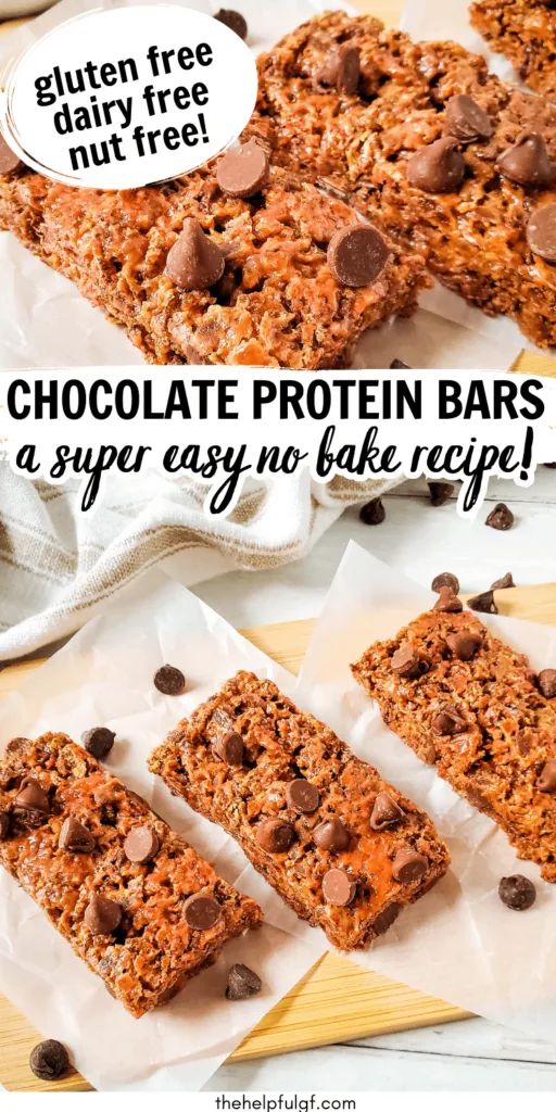 pin image of chocolate protein bars a super easy no bake recipe that are gluten free dairy free and nut free with close up of chocolate bars and overhead shot of chocolate protein bars on parchment with wooden board and tea towel