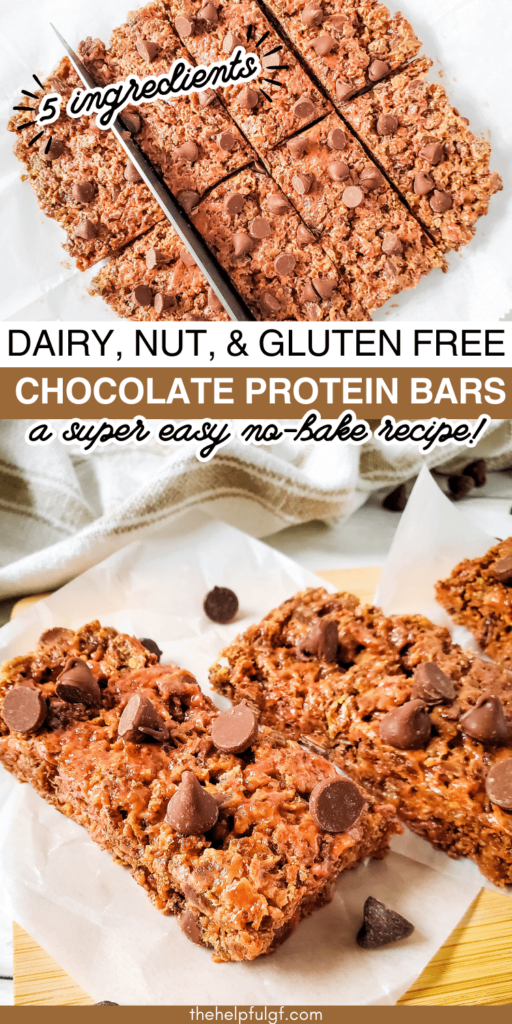 pin image of 5 ingredient dairy nut & gluten free chocolate protein bars that are a super easy no bake recipe with image of cutting protein bars and cut bars laid out on parchment over a wooden board with tea towel