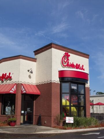 Exterior of Chick-Fil-A restaurant with american flag