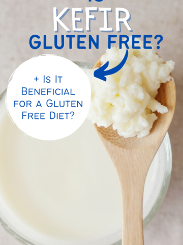A glass bowl of kefir sis on a counter top and being held above the bowl is a wooden spoon with kefir grains with the text overlay "Is Kefir Gluten Free + Is it beneficial for a gluten free diet?"