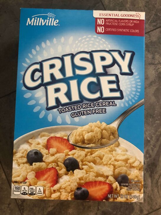 Box of Millville Gluten Free Crispy Rice cereal on Slate Background