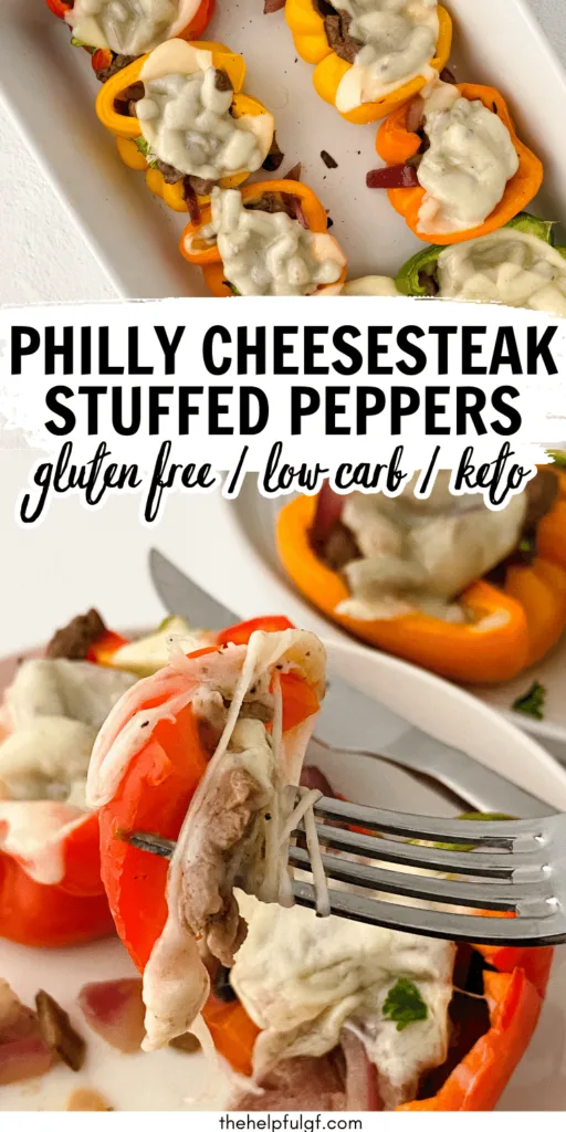 pin image of philly cheesesteak stuffed peppers in baking pan and piece cut and on fork with pin text philly cheesesteak stuffed peppers gluten free low carb keto