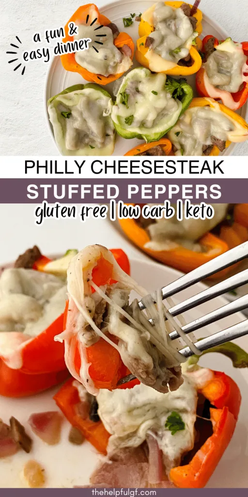pin image with plate of cooked philly cheesesteak stuffed peppers with pin text philly cheesesteak stuffed peppers gluten free low carb keto