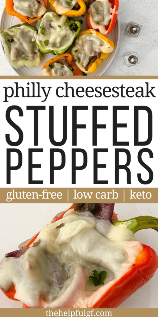 philly cheesesteak stuffed peppers pin image with text gluten free low carb keto and images of prepared peppers on plate