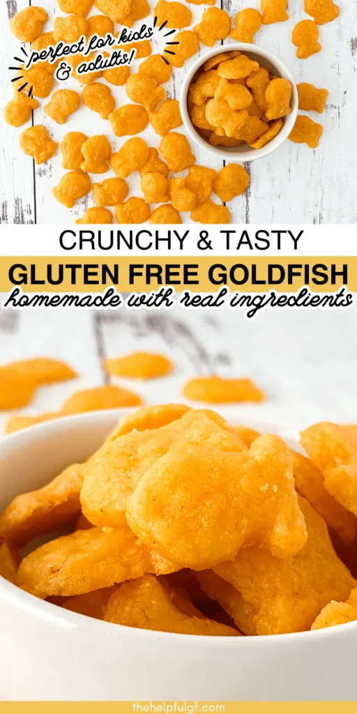 pin image with gluten free goldfish crackers in white bowl with more crackers scattered on weathered white wood and pin text crunchy and tasty gluten free goldfish homemade with real ingredients