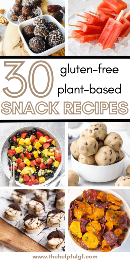 pin image gluten free plant based snack recipes with images of snacks in background