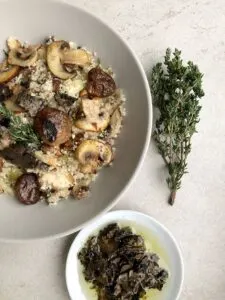 vegan grain free truffle risotto in white bowl