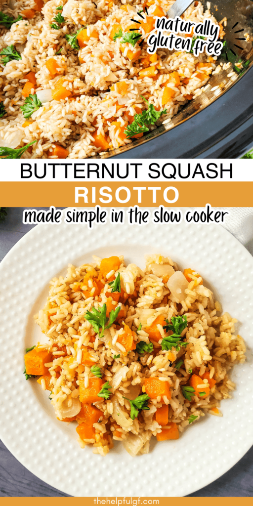 pin image with slow cooker butternut squash risotto in a slow cooker and plated with on a white plate