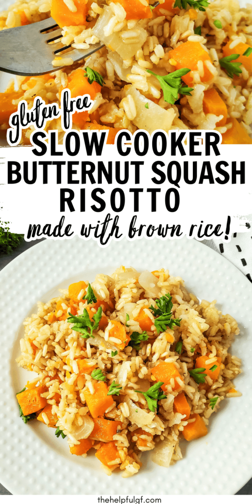 pin image with close up of gluten free butternut squash risotto with a fork in a slow cooker and plated on white plate
