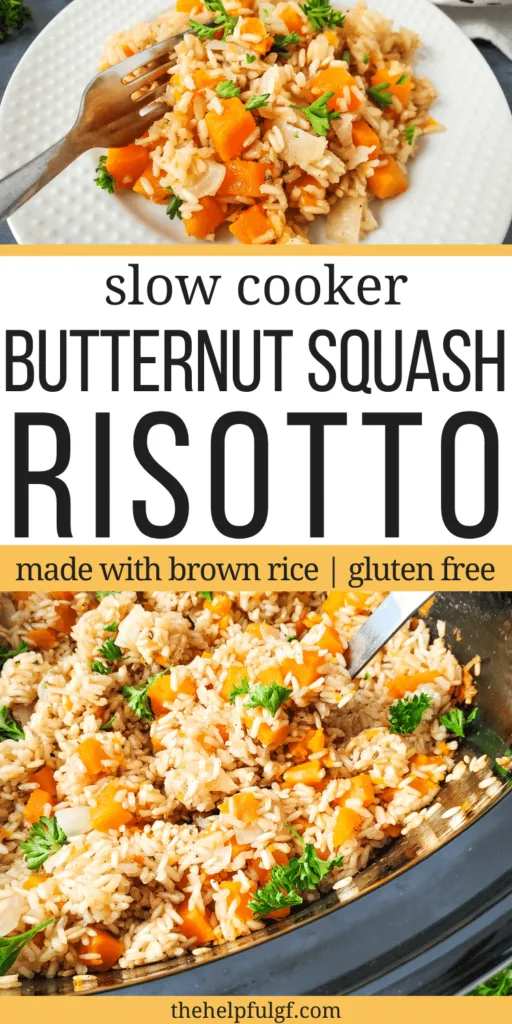 pin image with brown rice butternut squash risotto in a slow cooker and plated with fork