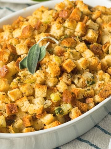 gluten free stuffing prepared from mix in casserole dish