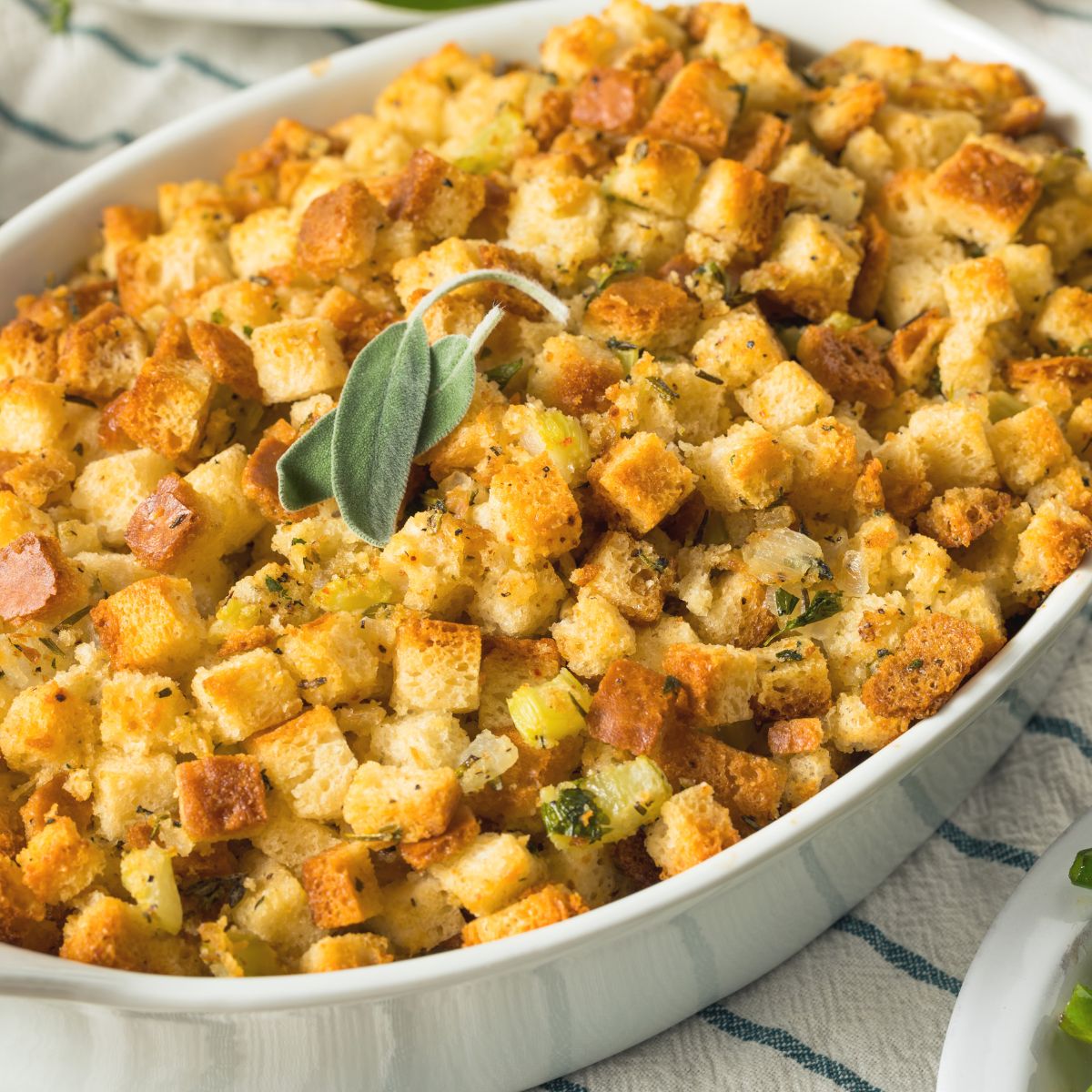 gluten free stuffing prepared from mix in casserole dish