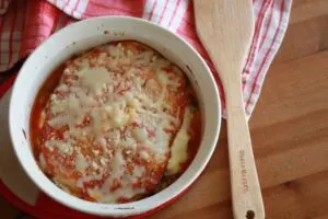 low carb keto lasagna made with crepini in ramekin