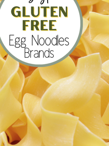 A closeup photo of wide egg noodles with the text overlay that says 'best gluten free egg noodles brands'